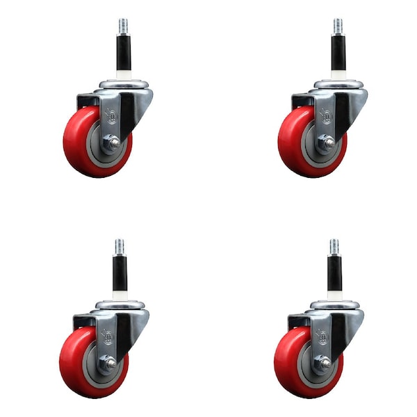 3'' Red Poly Wheel Swivel 7/8'' Expanding Stem Caster Set, 4PK